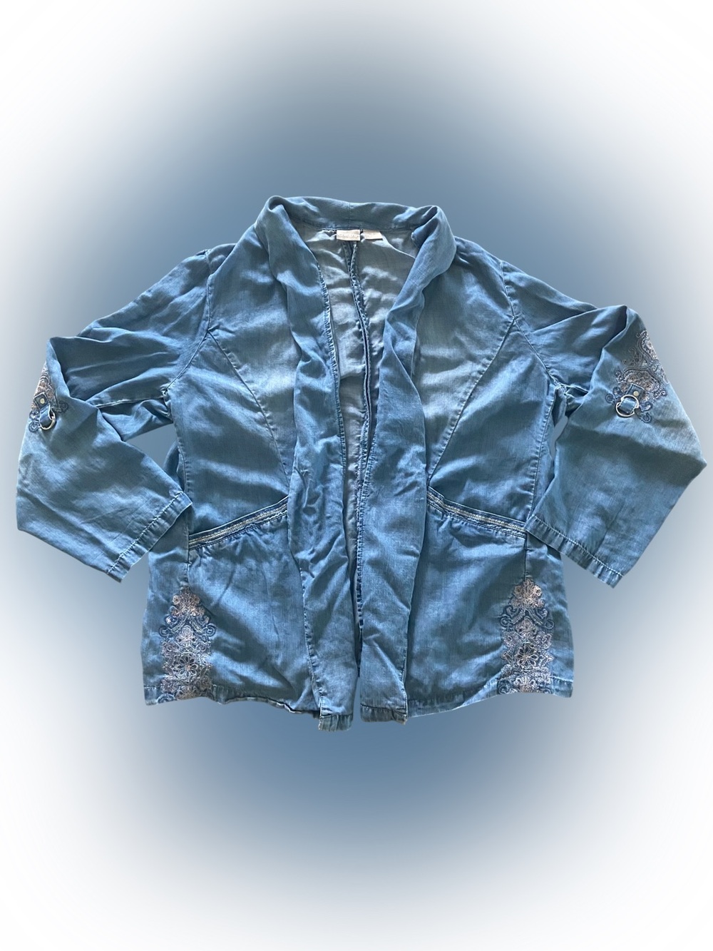Chico's Embroidered Open Front Chambray Jacket Blue Denim Size XL